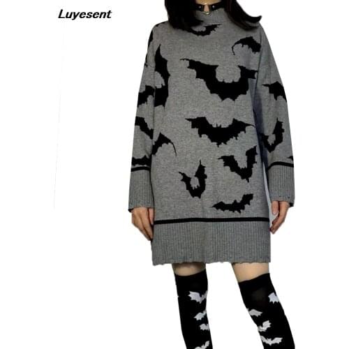 Lady Cool Long Contrast Color Goth O Neck Knitted Ripped Top Women Gothic Bat Dark Gray Pullover Sweater Dress 2021 Thick Winter