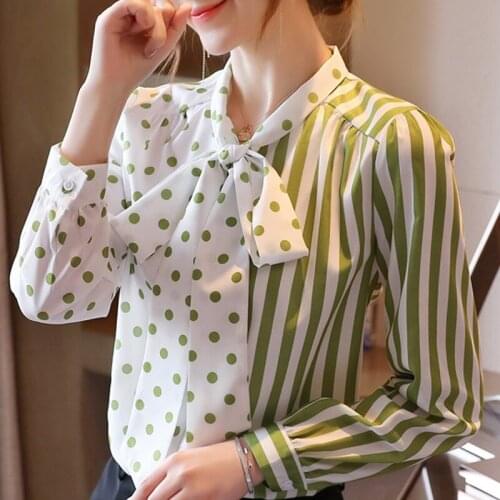 Blouse Women Blusas Mujer De Moda 2021 Bow V-neck Dot Striped Chiffon Blouse Shirt Long Sleeve Women Blouses Shirts Tops D450