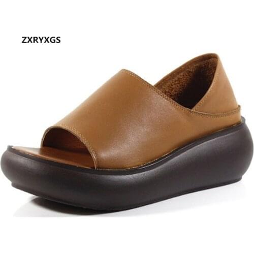 Hot 2020 New Fish Mouth Top Cowhide Leather Sandals Summer Women Shoes Platform Wedges Sandals Comfort Personality Women Sandals