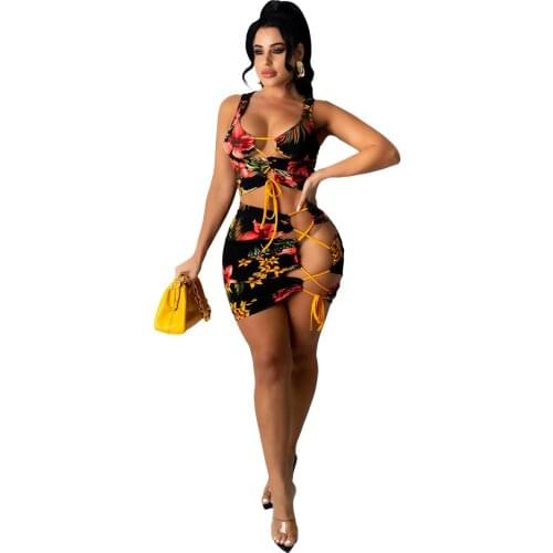 Floral Women Skirt Set 2021 Summer Sleeveless Crop Top + Skinny Mini Skirt Sexy Hollow Out Night Club Party 2 Piece Set Vestidos
