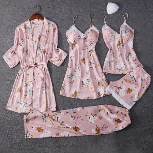 2020 Summer New Faux Silk Women 5PCS Robe Gown Sets Sexy Print Flower Nightgown Full Sleeve Lounge Sleepwear Nightwear Bathrobe