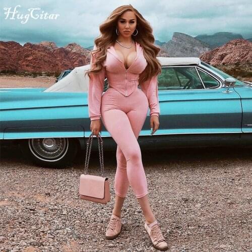 Hugcitar 2020 Long Sleeve Hooded Zip Up Patchwork Tshirt Top Leggings 2 Pieces Set Autumn Winter Women Streetwear Tracksuit