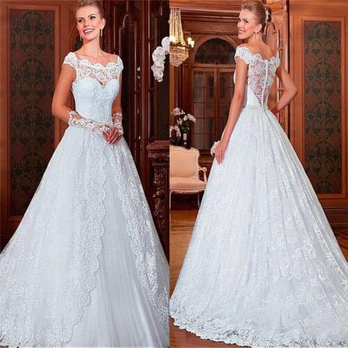 Scoop Neck Lace Appliques Wedding Dresses Natural Custom Plus Size Bride Wedding Gowns Robe De Novia