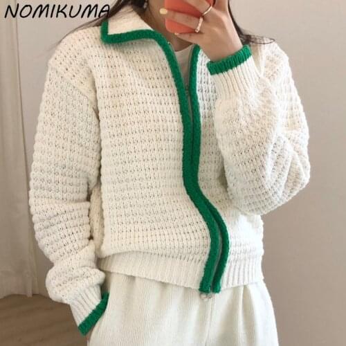 Nomikuma Korean Contrast Color Zipper Turn-down Collar Cardigan Sweater 2021 Autumn Winter Long Sleeve Women Knitted Coat 6Z808