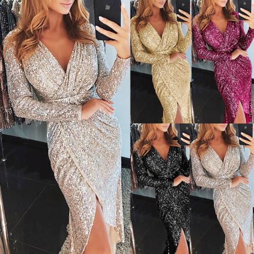 Fashion Women Sequin Glitter Evening Party Dress Spring Autumn Long Sleeve Bodycon V Neck Sexy Vintage Dresses Femme Vestido
