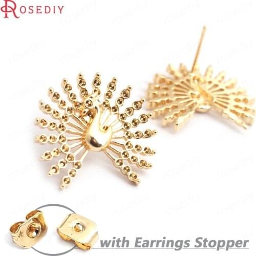 35276)6PCS 22x18.5MM 24K Gold Color Brass Peacock Stud Earrings High Quality Diy Jewelry Findings Accessories