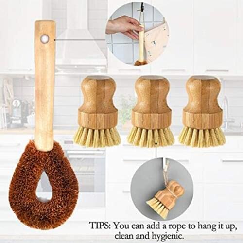 4 Pcs Bamboo Dish Scrub Brush Set,3 Round Dish Brushes and 1 Long Handle Pot Brush for Pan Dish Utensils Bowl Cleaning