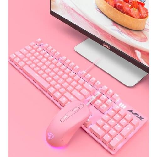 Ajazz Cute Pink Ergonomic Backlit USB Wired Mechanical Keybaord and Mouse Set Support Macro Driver Black Blue,Brown,Red Axis