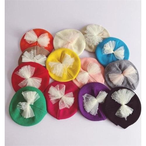 2-8 Years Kids Beret Hats Fall Spring Winter Warm Knitted Caps Tulle Bow Knot Pearl 13 Colors Cute Hats For Child Baby Girls