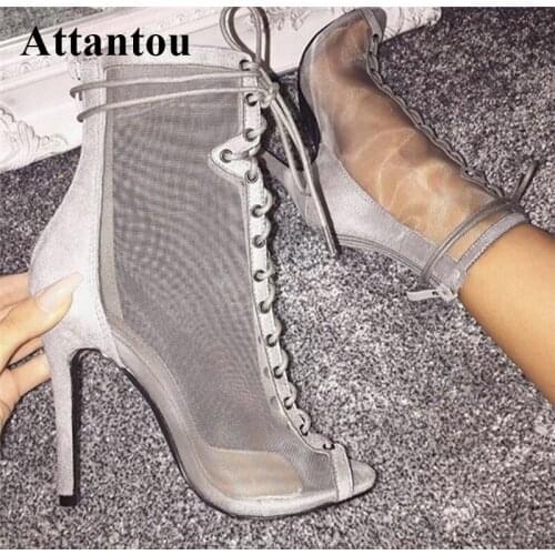 Sexy Summer Cut-out Thin High Heel Boots Women Cross Tied Peep Toe Gladiator Sandal Boots Ladies Black Gray Rome Sandal Shoes