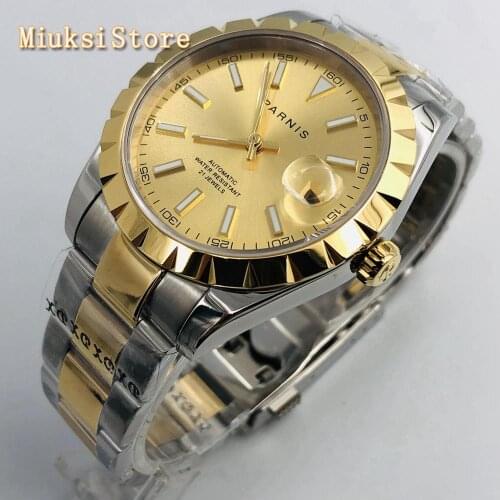 Parnis 39mm Mens TOP Luxury Waterproof Watch Gold Case Sapphire Crystal Date Window Stainless Steel Automatic Mens Watch