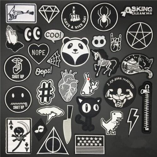 Black and White Zipper DIY Embroidery Patch Appliques Ironing Patches For Clothing Badges Decotative Clothes Stickers