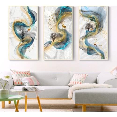 Nordic Golden Deer Paintings Wall Pictures Modern Canvas Painting Blue Poster Print Wall Art For Living Room Bedroom Decor