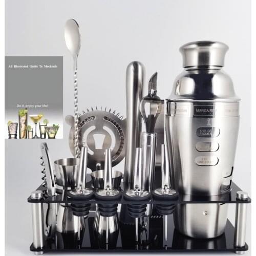 New Perfect Stainless Steel Cocktail Shaker Bar Set with Recipes, Bar Tool Set with Stylish Rack Stand