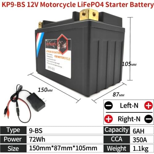 KP9-BS 12V 9Ah Motorcycle LiFePO4 Start Battery Lithium ion Motorbike Battery CCA 350A For ATVs Jet Skis Snowmobiles YTX9-BS