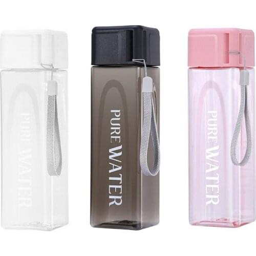 480ml Water Bottle Square Plastic Transparent Matte Drinking Bottle Outdoor Juice Milk Sport Bottle With Portable Rope Leakproop