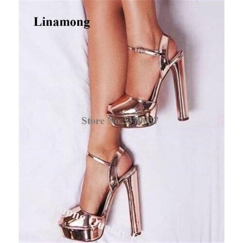 Linamong Shining Peep Toe Patent Leather High Platform Chunky Heel Sandals Rose Gold High Heel Sandals Wedding Heel Shoes