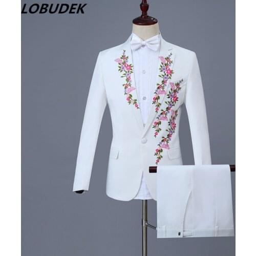 New White Choral Dress Plum blossom Embroidery Mens Suits Prom Festival Gala Host Singer Chorus Costumes Adult Male Stage Wears