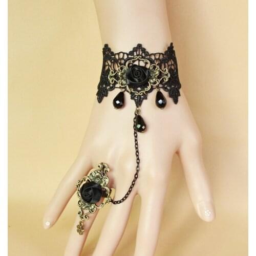 New Gothic Retro Lace Bracelet with Ring Black Rose Crystal Accessories