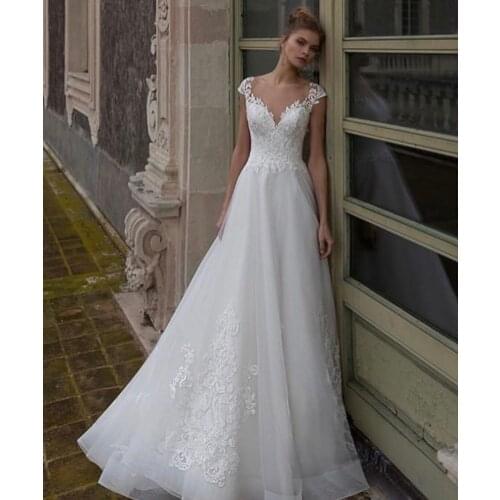Princess Wedding Dress A-Line Sheer Neck Cap Sleeve Lace Appliques Sequined Floor Length Sweep Train Elegant Bride Gown 2021