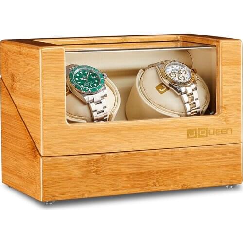 JQUEEN 5 Modes Bamboo Wood Watch Winder with Quiet Motors 2+0 Storage White PU Leather Interior High Quality AC adapter