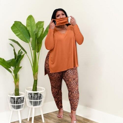 Casual Two Piece Set Women Plus Size Fall Clothing V Neck Long Sleeve Crop Top Leopard Print Pants Sets Wholesale Dropshipping