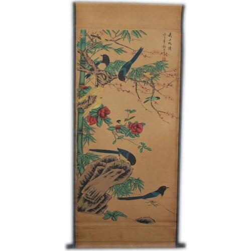 Rare Hand-painted QingDyansty Chinese vertical axis paintings,Magpie,hand drawn, free shipping