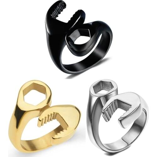 Adjustable Finger Ring Biker Mechanic Wrench Stereoscopic Trendy Style Heavy Metals Punk Rock Man Ring