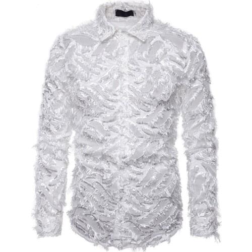 White Feather Shirt Men 2021 Fashion Nightclub Prom Long Sleeve Mens Dress Shirts Stage Singer Men Shirt Camisa Social Masculina
