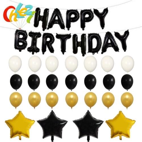 26pcs/set Happy Birthday letter Balloons Gold Black Latex Foil Balloons for Adult baby Birthday Party Decorations Supplies