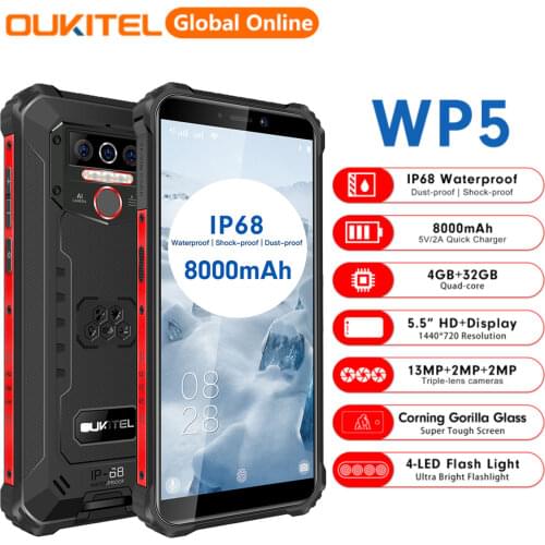 OUKITEL WP5 IP68 Waterproof Smartphone 8000mAh Android 10.0 Triple Camera Face/Fingerprint ID 5.5 Inches 4GB 32GB Mobile Phones
