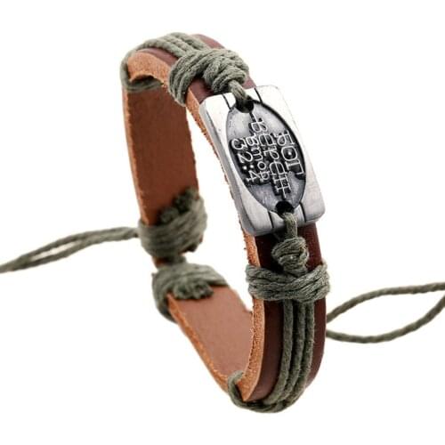 Vintage Retro Casual Alloy Letters Charm Genuine Leather Wrap Bracelet Bangle Rope Wristband Fashion Punk Women Men Jewelry Gift