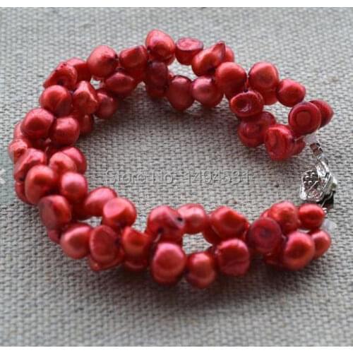 Wholesale Pearl Jewelry, 7 inches Luck Red Genuine Freshwater Pearl Bracelet,6-7mm Twisted, Wedding Bridesmaids Gift Bracelet