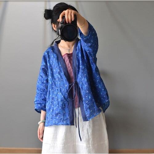 Women Spring Summer Ramie Printed Jackets Ladies Loose Print Tops Coats Female 2020 Plus Size Coat