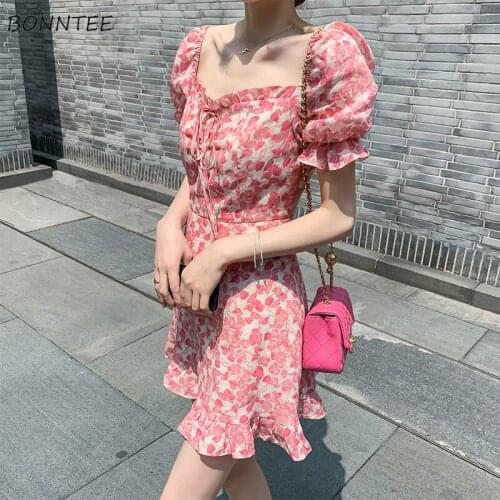 Short Sleeve Dress Women Printing Mini Square Collar Sweet Kawaii Hepburn Stylish Elegant High Waist Student Summer Vestido Girl