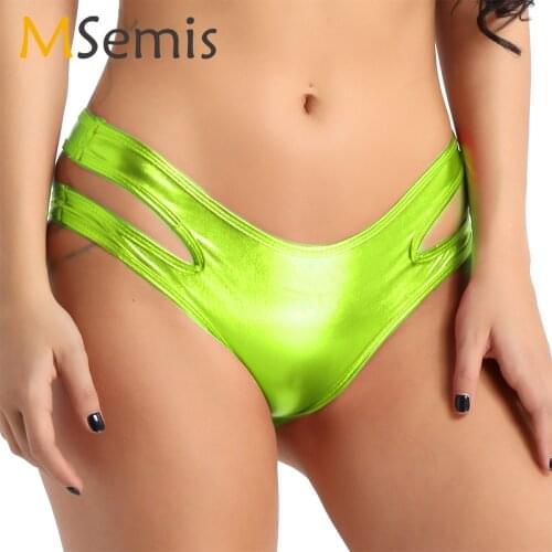 Women Metallic Lingerie Low Rise Wet Look Panties Femme G-String Bikini Sexy Hollow Out Strappy Underpants Rave Booty Underwear