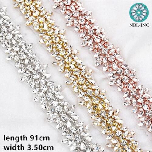 1PC) Bridal wedding trim silver beaded crystal Rhinestone Applique Trim gold iron on for wedding dress WDD0278