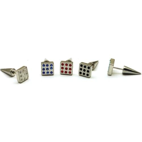 Alisouy 2 pieces Rhinestones Square Cone Tip Rivet Titanium steel Men Women Ear Stud Earring 9 color for chose