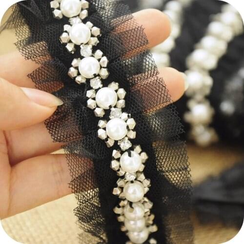 Black ruffle tulle beaded lace trim, 4.5 cm wide beads lace trim for sewing accessories, bridal Establishment, home decoration