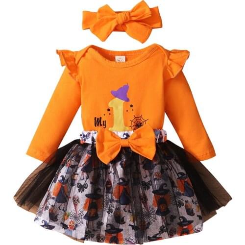 Baby Girls Clothing Sets 2021 Halloween Girls Clothes My 1st Romper Tops+tulle skirt+headband 3PCS girl Outfit Children Clothing