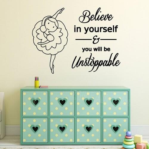 Cute Little Ballerina Wall Decor Sticker "Believe In Yourself " Inspiring Quote Vinyl Art Decal Playroom Girls Room Decor Z607