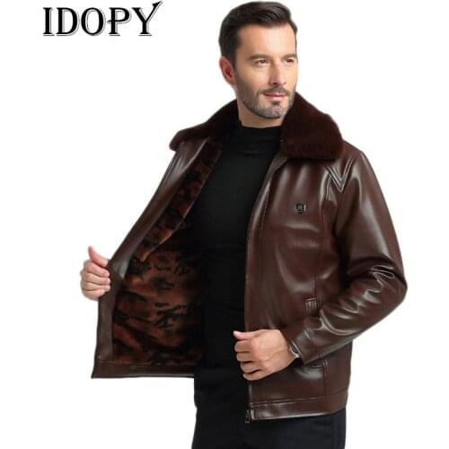 Idopy Winter Leather Jacket Men Windbreaker PU Jackets Male Outerwear Warm UP Jackets