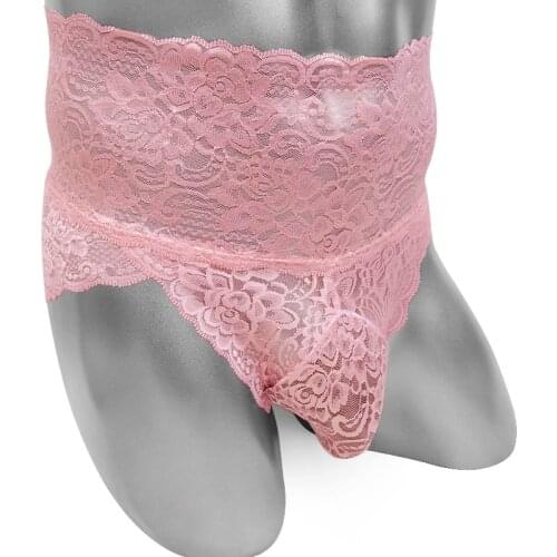 Mens Floral Lace Briefs Underwear Sexy Lingerie For Sissy Pouch Panties Penis Bulge Pouch See Through High Waist Sissy Panties