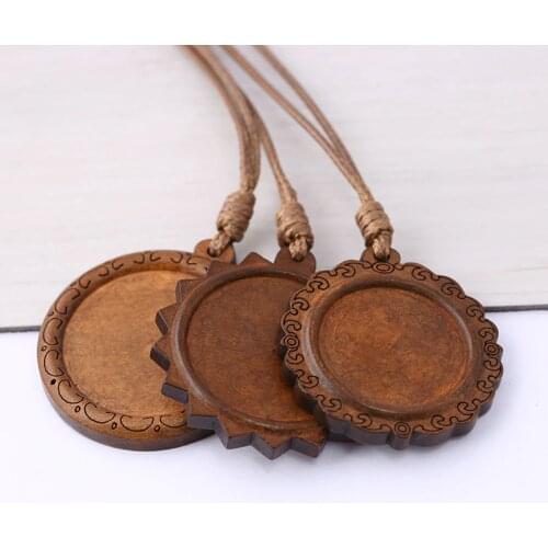 Reidgaller 5pcs blank wood pendant base tray 25mm 30mm dia round cabochon settings with leather cord diy jewelry accessories