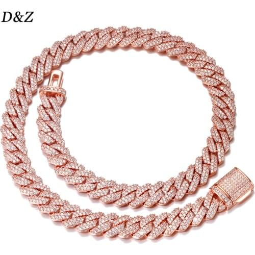 D&Z New Rose Gold 10mm Cuban Link Necklace Iced Out Cubic Zircon 4 Prong Necklace Male Female Jewelry For Gift Fashion Necklace