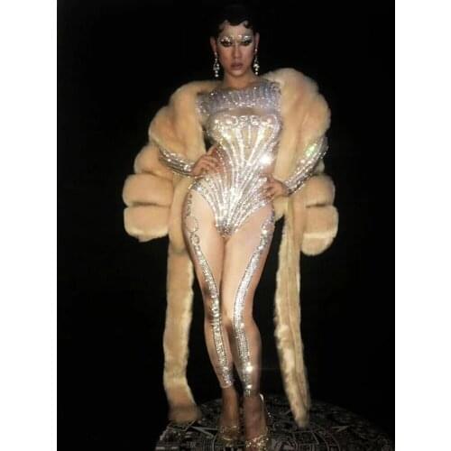 Sexy rhinestone water drill, elastic jumpsuit jacket and artificial fur coat, two pieces of a bar nightclub concert singer danc