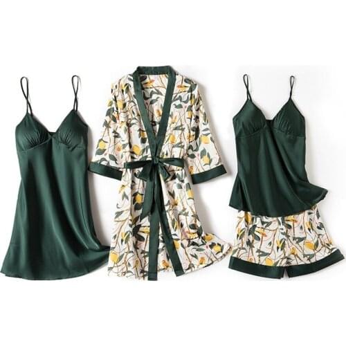 Print Pajamas Set Silky Women 5 Piece Sleepwear Satin Lace Sleep Pyjama Lounge with Belt Chest Pads Sexy Strap Home Nightwear