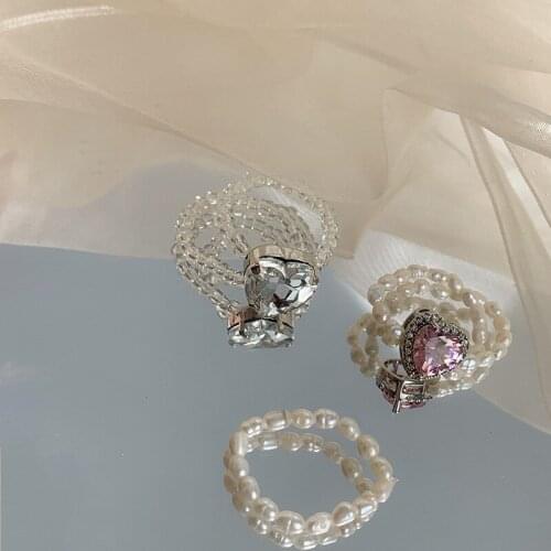 Origin Summer Romantic Love Heart Rhinestone Elasticity Ring for Women Exquisite Beaded Double Layer Pearl Ring Jewelry Dropship