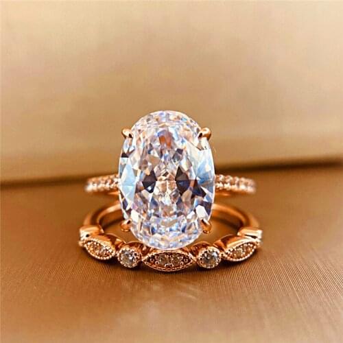 Luxury Female White Crystal Ring Set Charm Rose Gold Color Wedding Rings For Women Promise Oval Zircon Stone Engagement Ring