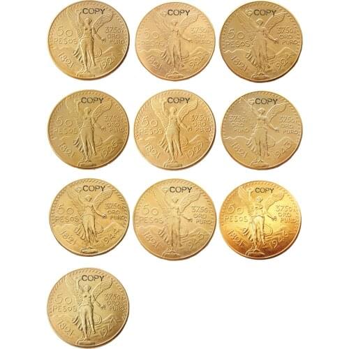 A set of(1921-1947) 10pcs Mexico 50 Peso Gold Plated copy coin